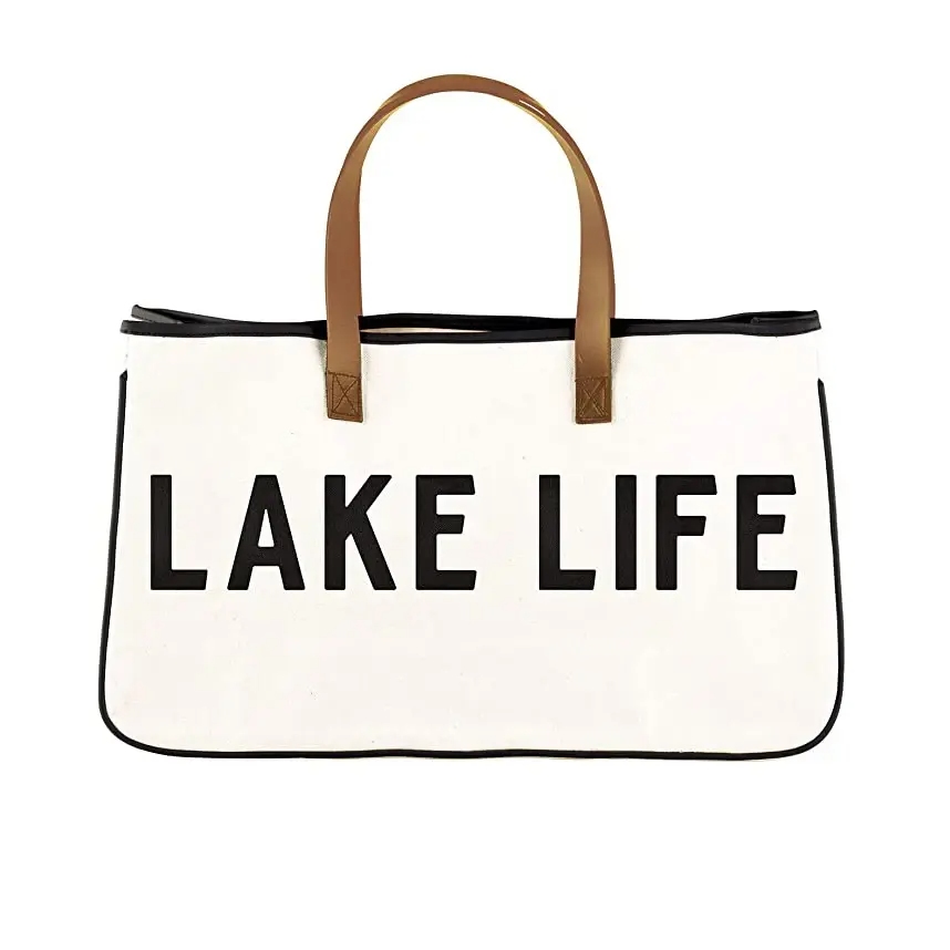 Custom Printed Large Canvas Summer Beach Tote Bag with Leather Handles