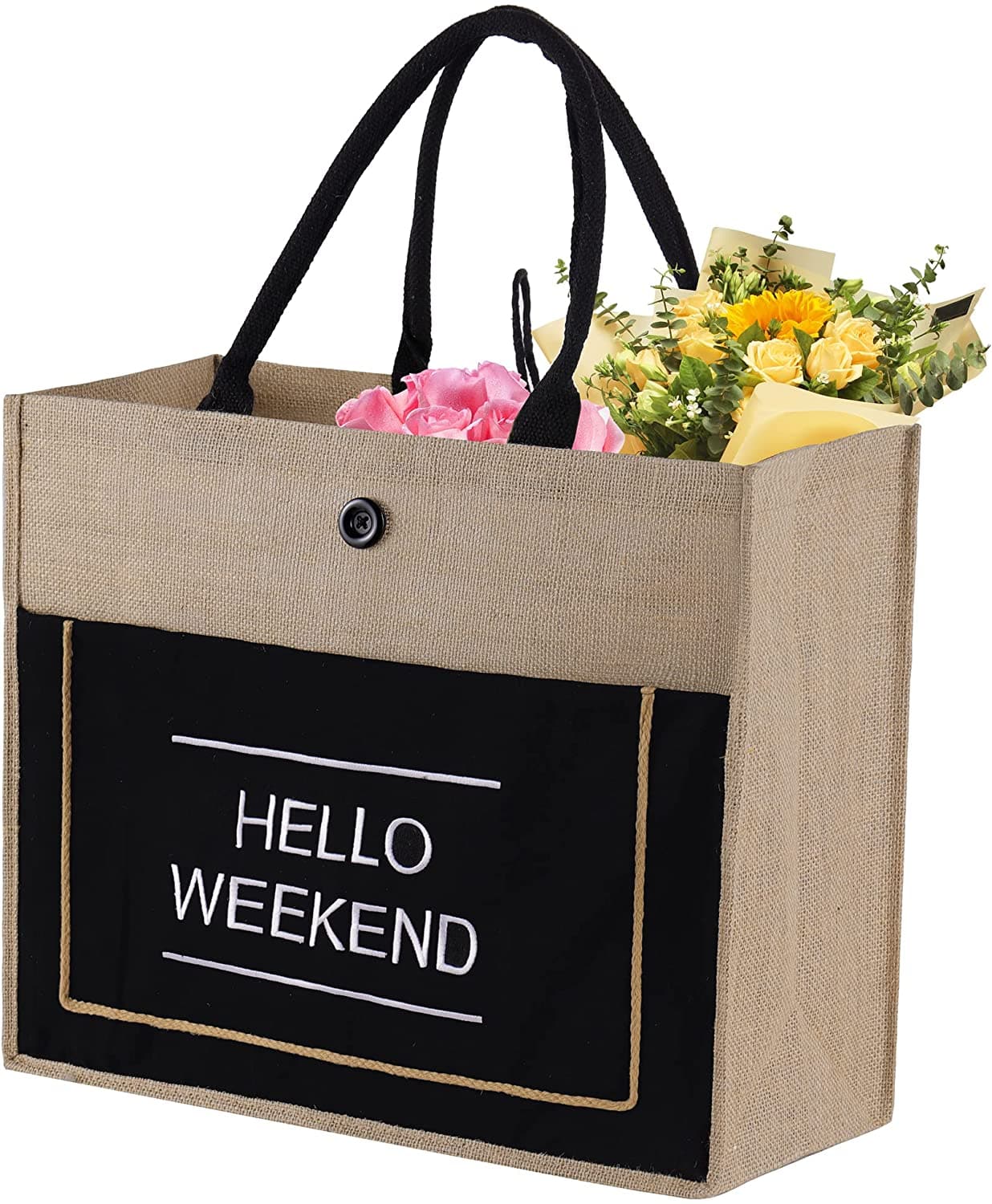 Jute Tote Bags with Canvas Front Pocket Reusable Natural Burlap Bags