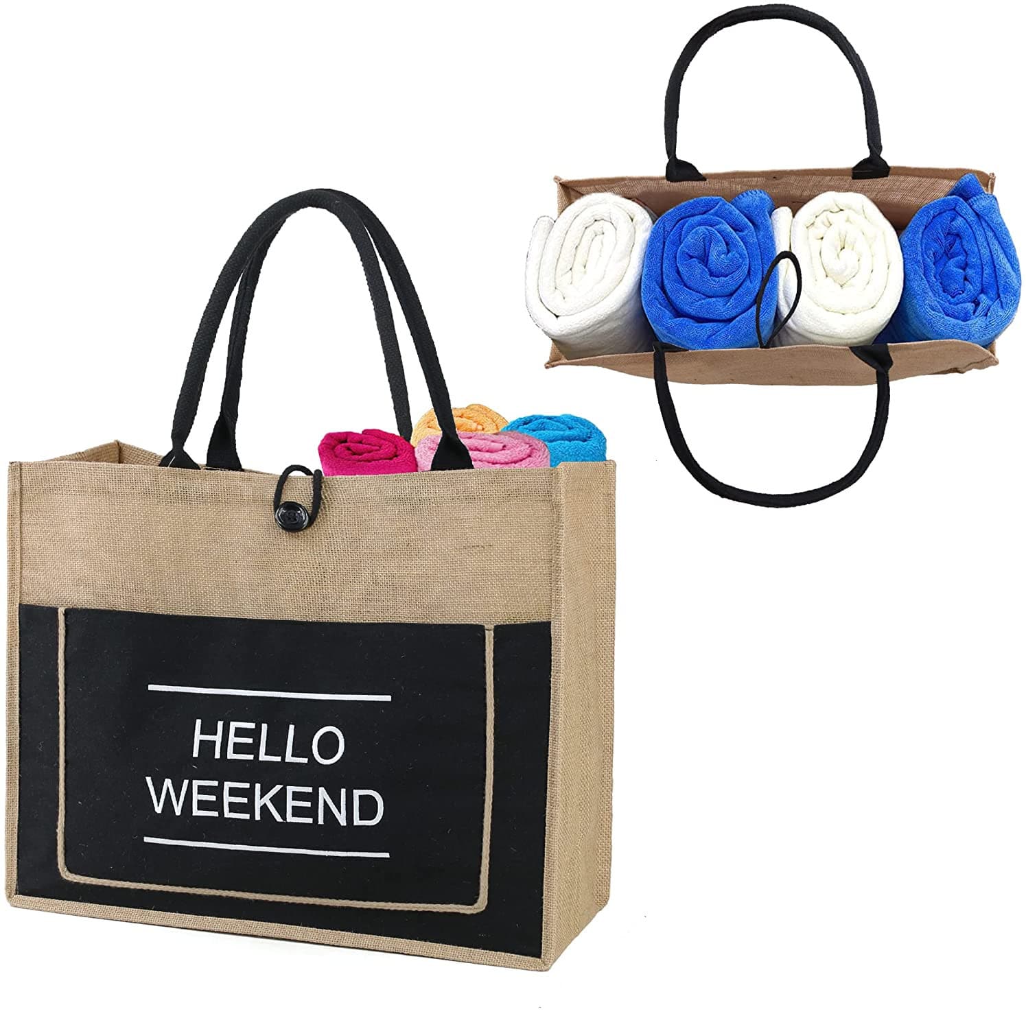 Jute Tote Bags with Canvas Front Pocket Reusable Natural Burlap Bags