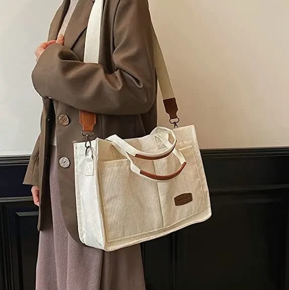 Corduroy Tote Bag Shoulder Bag Handbag with Shoulder Strap