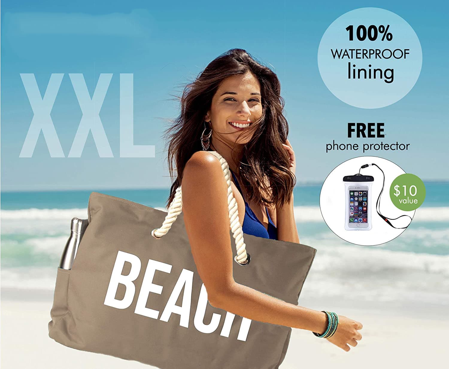 Waterproof Durable Heavy Duty Canvas Large Summer Beach with Rope Handles