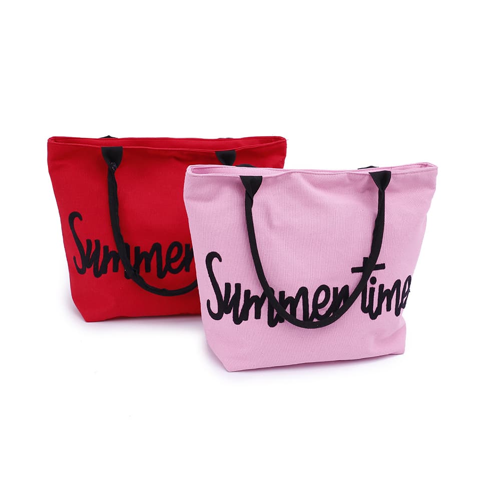  Embroidered Pink Cotton Polyester Large Shopping Grocery Beach Tote Bag with Zipper