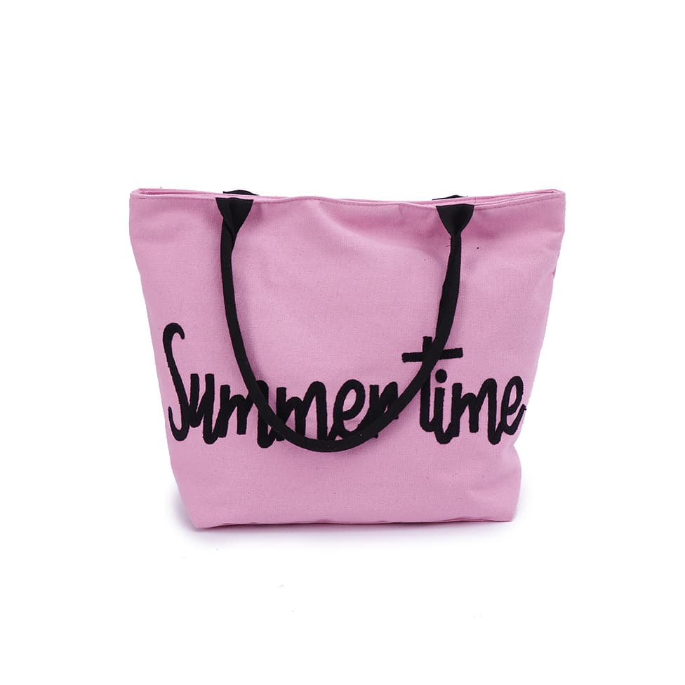  Embroidered Pink Cotton Polyester Large Shopping Grocery Beach Tote Bag with Zipper