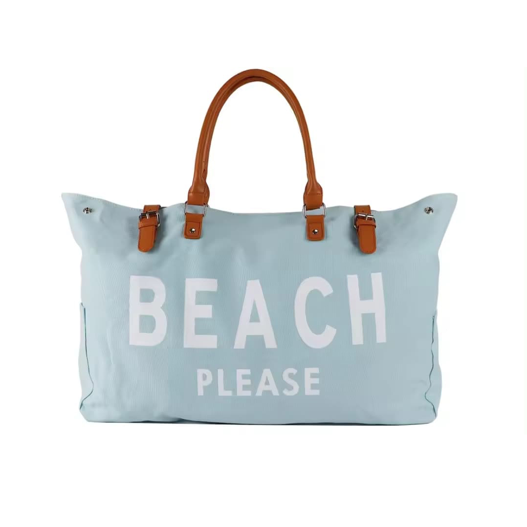 Beach Please Waterproof and Sand proof Canvas Tote Beach Bag with Leather Handles