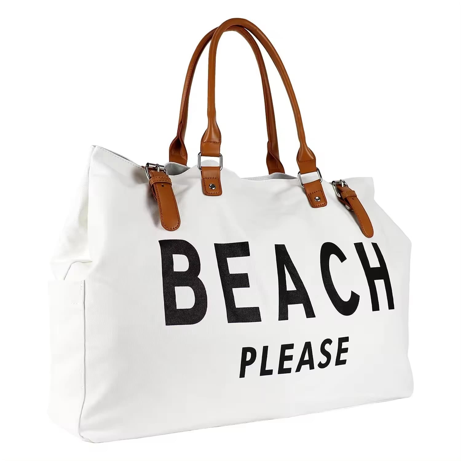 Beach Please Waterproof and Sand proof Canvas Tote Beach Bag with Leather Handles