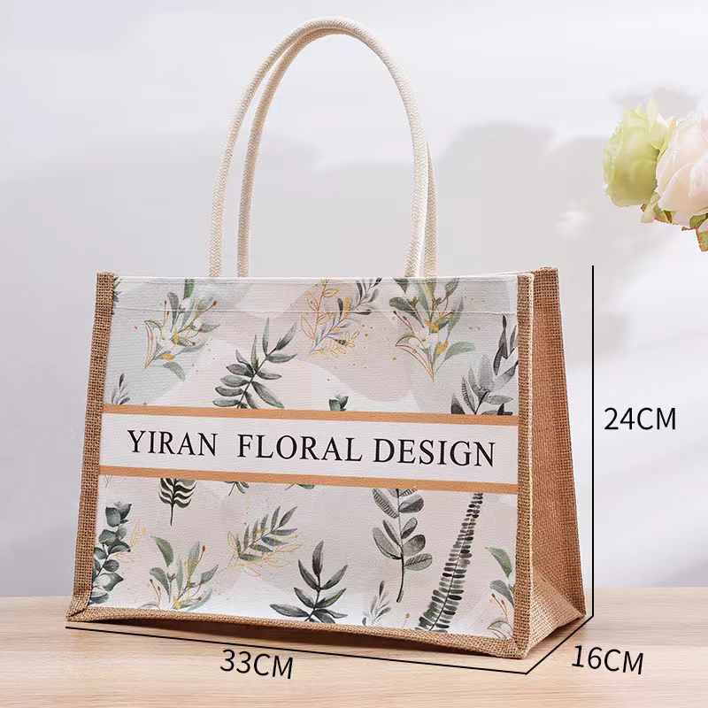 Eco Friendly Natural Laminated Jute Burlap Summer Beach Tote Bag with Floral Print Eco Friendly Natural Laminated Jute Burlap Summer Beach Tote Bag with Floral Print