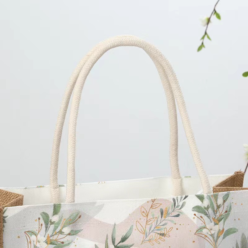 Eco Friendly Natural Laminated Jute Burlap Summer Beach Tote Bag with Floral Print Eco Friendly Natural Laminated Jute Burlap Summer Beach Tote Bag with Floral Print