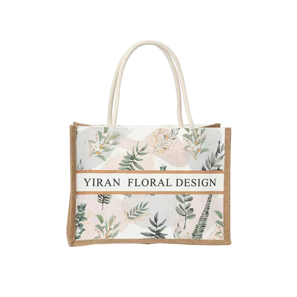Eco Friendly Natural Laminated Jute Burlap Summer Beach Tote Bag with Floral Print