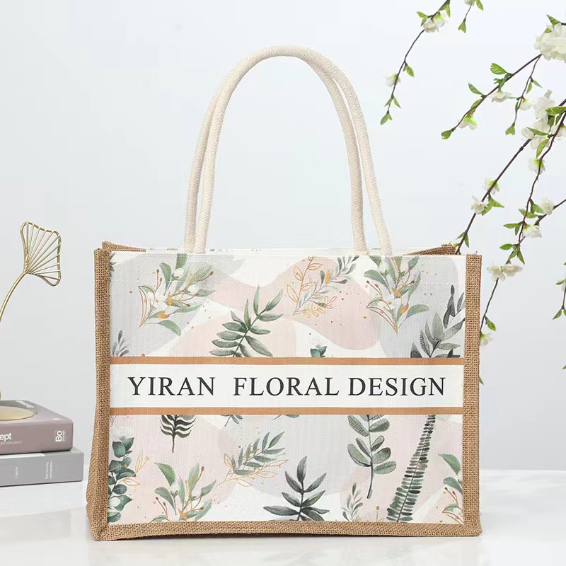 Eco Friendly Natural Laminated Jute Burlap Summer Beach Tote Bag with Floral Print