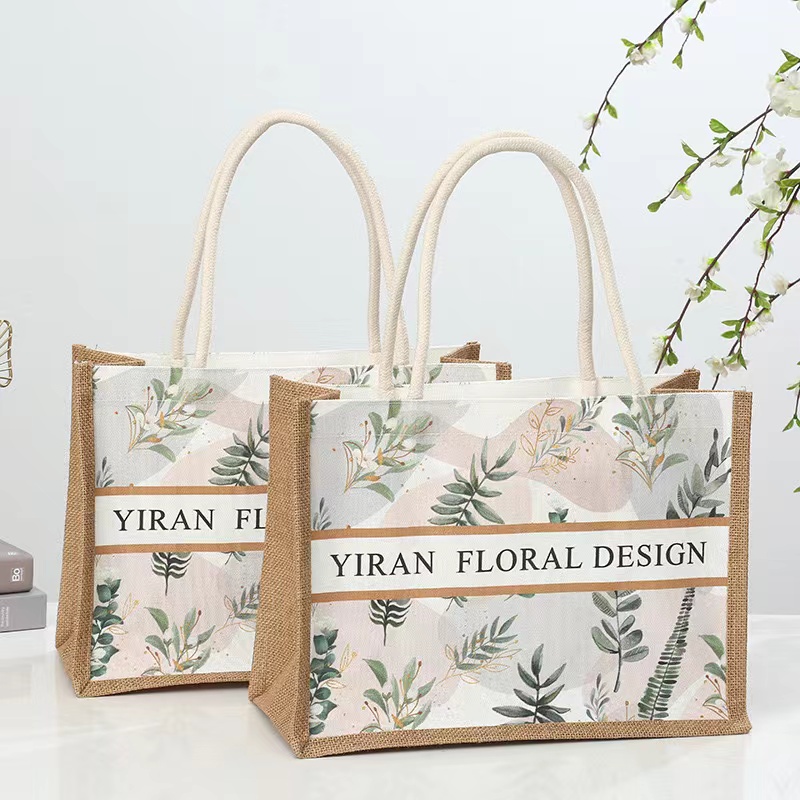Eco Friendly Natural Laminated Jute Burlap Summer Beach Tote Bag with Floral Print