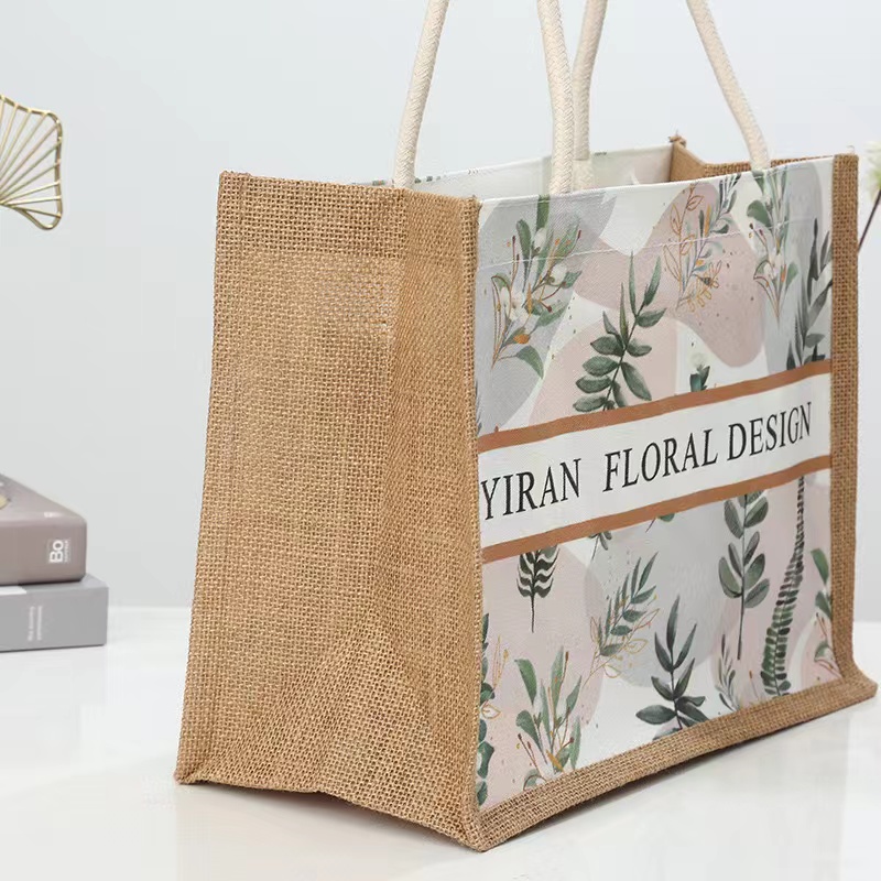 Eco Friendly Natural Laminated Jute Burlap Summer Beach Tote Bag with Floral Print