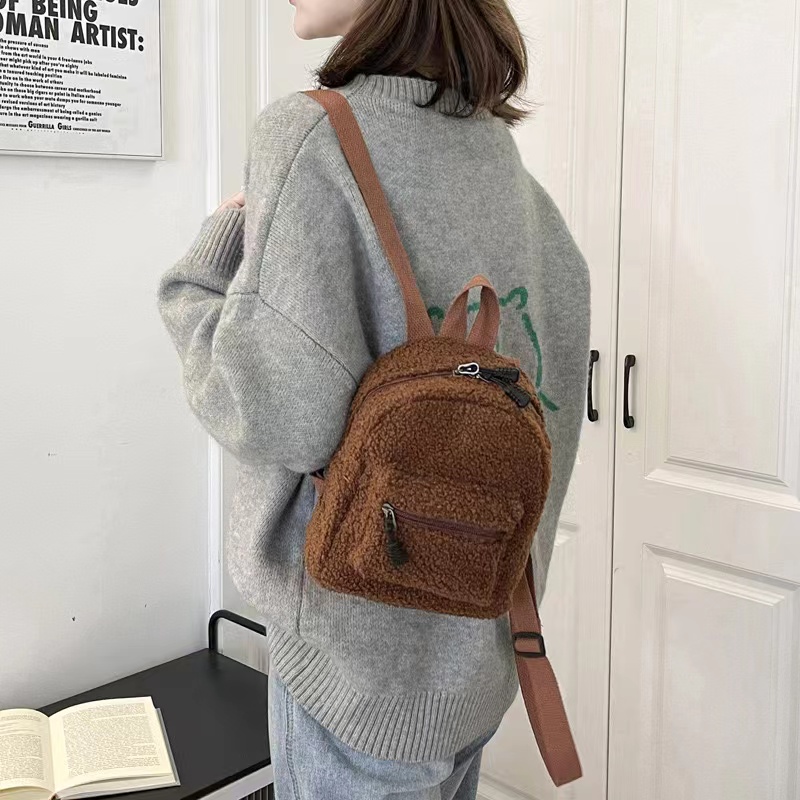 Fashion Fluffy Girls Backpack Solid Color Casual Daily Pack 
