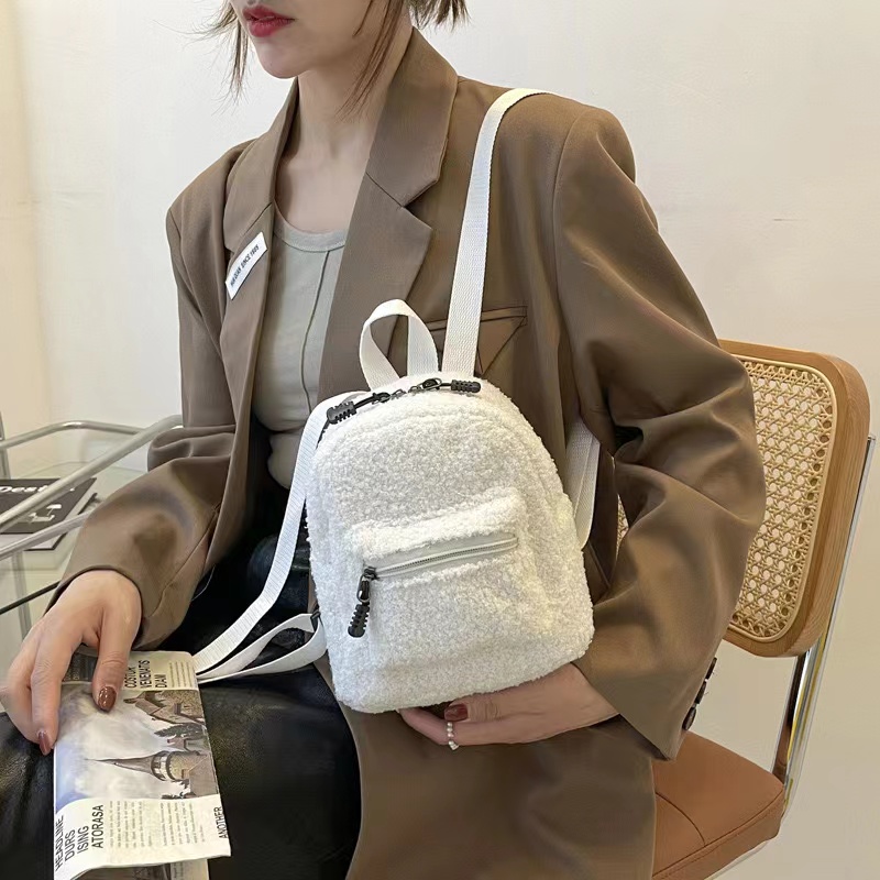 Fashion Fluffy Girls Backpack Solid Color Casual Daily Pack 