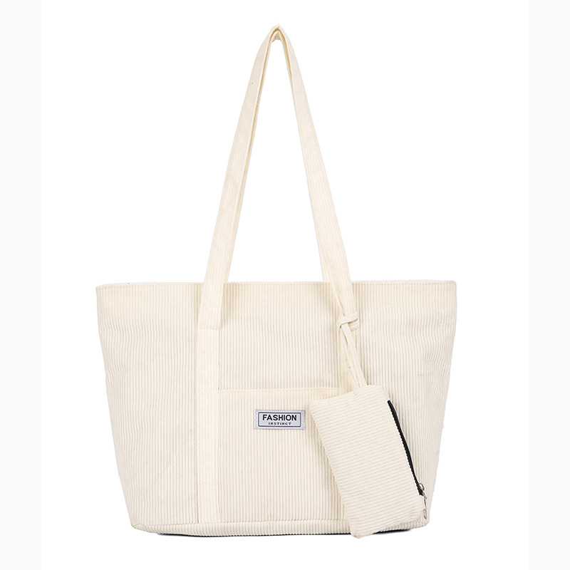 Large Capacity Corduroy Tote Bag with Zipper Closure