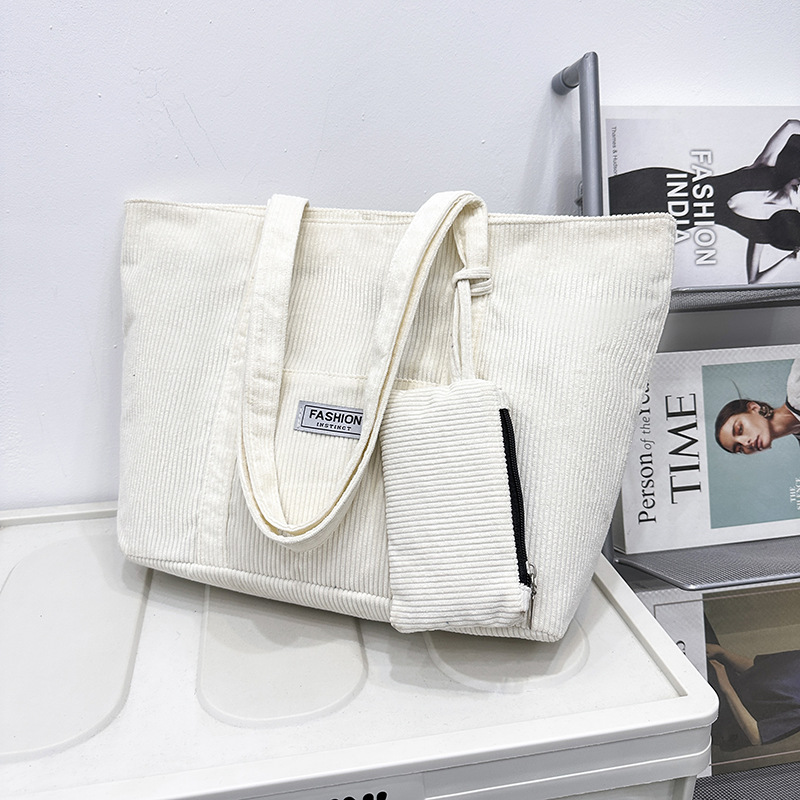 Large Capacity Corduroy Tote Bag with Zipper Closure
