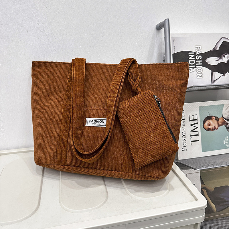 Large Capacity Corduroy Tote Bag with Zipper Closure