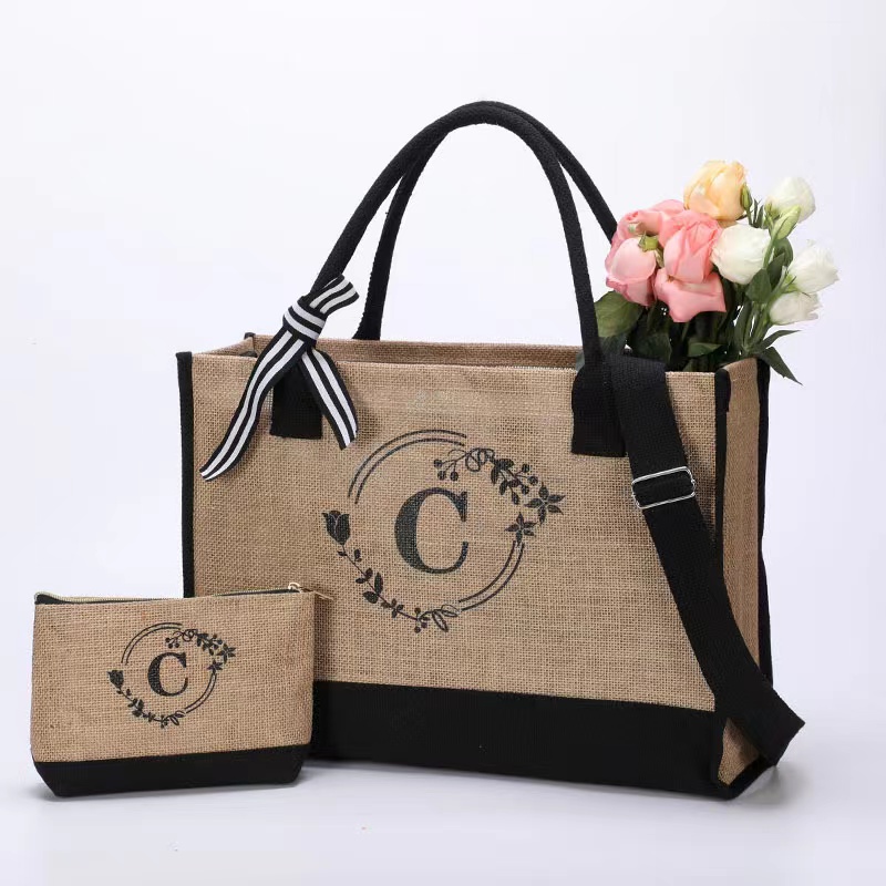 Customized Logo Jute Tote Bag with Small Purse