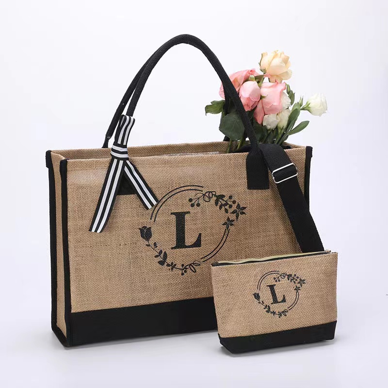Customized Logo Jute Tote Bag with Small Purse