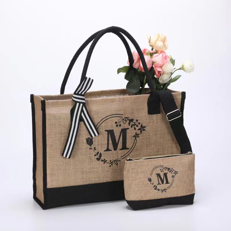 Customized Logo Jute Tote Bag with Small Purse